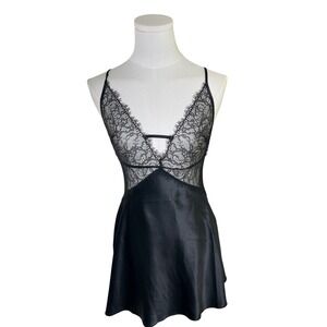 Y2K Lace Satin Slip Dress Black Victoria Secret Chemise Lingerie Mini Strappy S